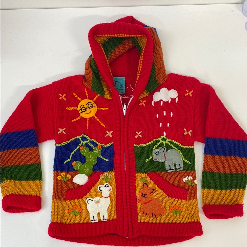 Native Wool Animal Patch Work Sweater Zip‎ up Kids size 4